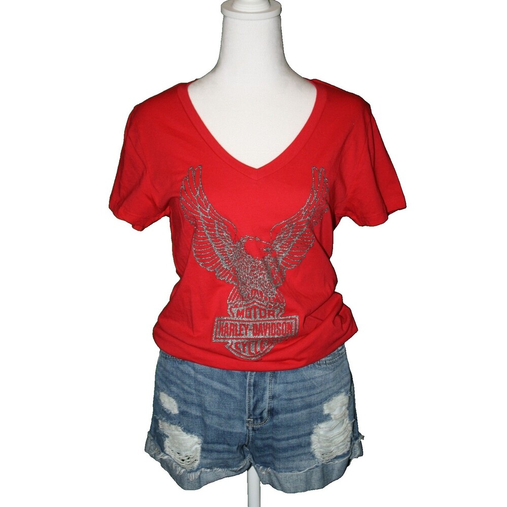 Harley Davidson Sz M V-Neck T-Shirt El Paso Lightweight Bikercore Glitter Eagle